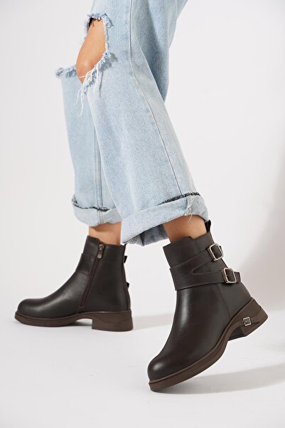 Moda Pie Γυναικείες μπότες Dervas Yan με διπλή ζώνη από γνήσιο δέρμα καφέ δέρμα
