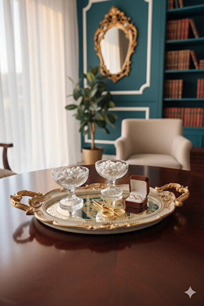 Dekoromi Vintage Aynalı Nişan Söz Kına Tepsisi El Boyaması Dekoratif Tepsi 48x28 CM