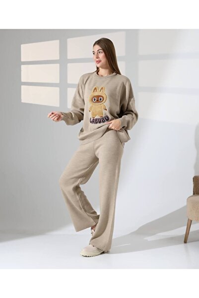 GİYSİ DÜNYASI 57 Tri̇ko Takim Tavşan Desenli̇ Kazak Pantalon 2 Li̇ Takim