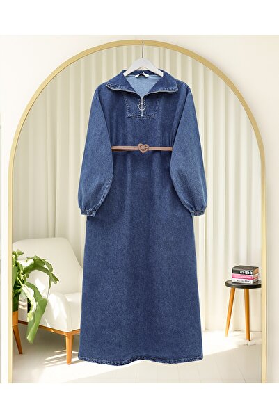 Modamorfo Yarım Boğazlı Fermuarlı Cepli Kot Elbise -İndigo