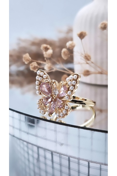 Serenity خاتم مطلي بالفولاذ على شكل فراشة باللونين الوردي والأبيض