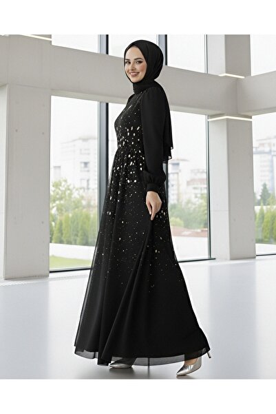 Modamorfo Lined Tulle Evening Dress with Stone Detail on the Front - Black