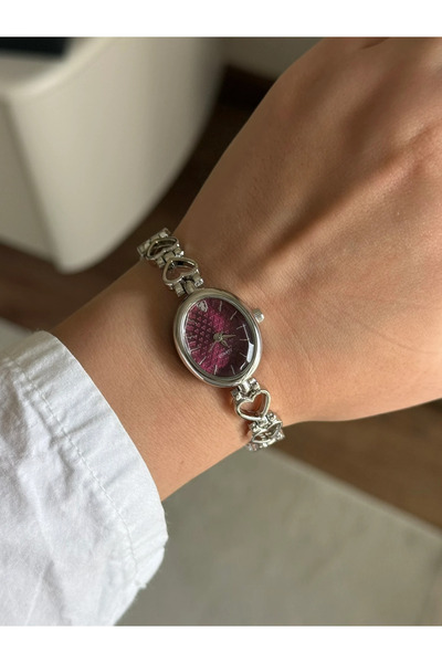 RoseandRoses Heartles Kalp Detaylı Minimal Kadın Kol Saati Gümüş (Bordo Kadran)