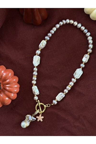 Butik Pembe İnci Barok Kolye Deniz Yıldızı Uçlu