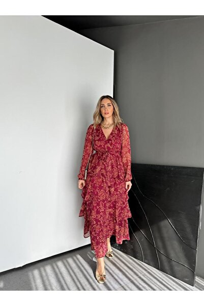 Zerrincan Giyim Bordo Eteği Katlı Maxi Elbise