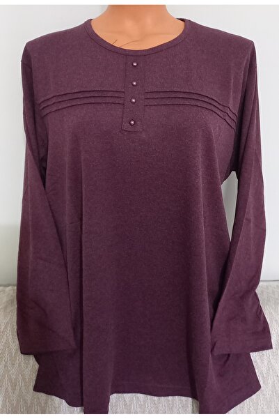 Anne Er Clothing Battal Winter Cotton Combed Cotton Blouse Long Sleeve Crew Neck Burgundy