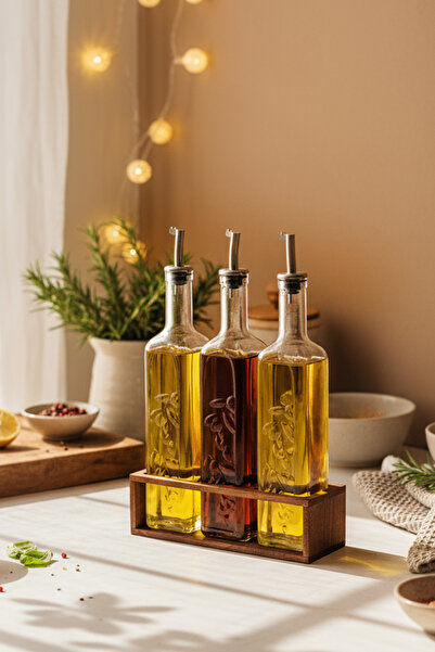 Snippy Olea - 3'lü Ahşap Uzun Katlı Standlı Cam Zeytinyağı Şişesi Yağdanlık Damlatmaz Yağlık Sirkelik 500ml