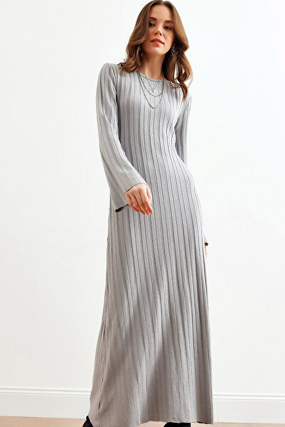 Ottawe Regular Fit Rahat Yuvarlak Bisiklet Yakalı Uzun İspanyol Kollu Fitilli Günlük A-Line Triko Elbise