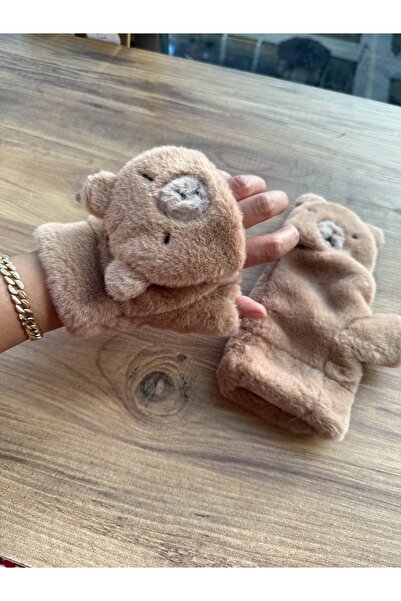 Blotch Winter Teddy Bear Figured Young Adult Fingerless or Closed Brown Color Fluffy Plush Gloves