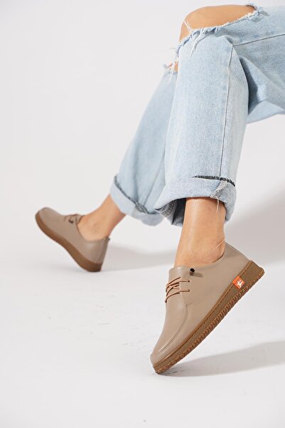 Moda Pie Yerna Lastik Bağlı Kadın Hakiki Deri Ayakkabı Vizon Cilt