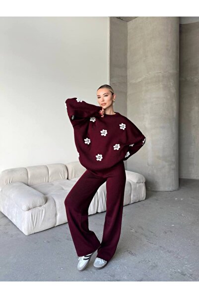 GİYSİ DÜNYASI 57 Tri̇ko Kumaş Papatya Desenli̇ Kazak Pantalon 2 Li̇ Taki̇t