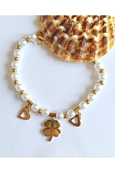 stainless steell Clover Themed Steel Bracelet with Pearl Details