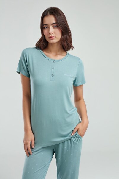 Pierre Cardin Women's Water Green Buttoned Short Sleeve Patterned Cotton Viscose Pajama Set Q8P9K8C5K