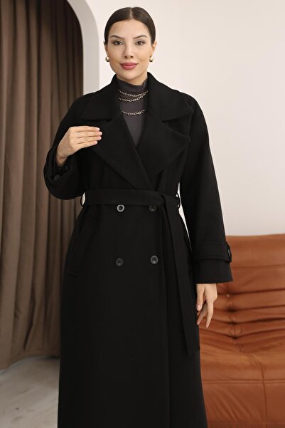 Hazel Palton lung din cașmir, negru, cu bretele, oversize, pentru femei