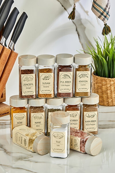 Akkoyunlu home Cream Lid Glass Spice Jar Set Jar Set of 12 140 Cc 12 Pieces C...