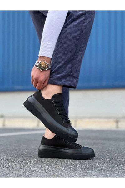 GökTR Kb-Cx-3 Kuback Short Black Linen Black High Sole Sneakers