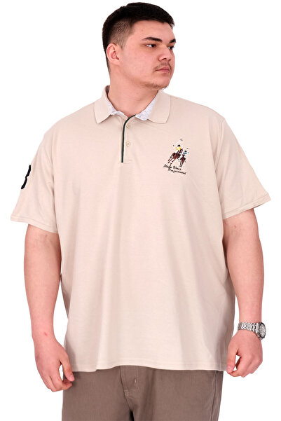ModeXL Fashion XL Plus Size Men's T-Shirt Polo Neck Embroidery Detail U25311 Beige