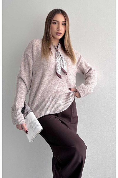 yeditepe fashion Pulover tricotat cu eșarfă cu textura moale