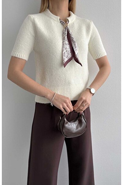 yeditepe fashion Short Sleeve Knitwear with Scarf Collar