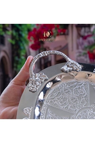 DMT COPPER HOME Dmt Gaziantep Copper 42.5 cm Ottoman Handcrafted Presentation Tray Henna Tray 42.5Cmx28Cm