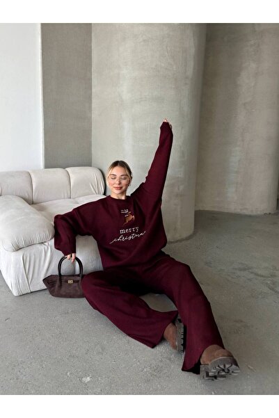 GİYSİ DÜNYASI 57 Triko Kumaş Deer Patterned Sweater and Pants 2-Piece Set