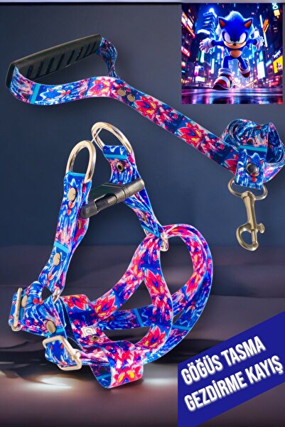 Angelapets SONIC BASKILI KEDİ KÖPEK GÖĞÜS TASMASI VE GEZDİRME KAYIŞI SET