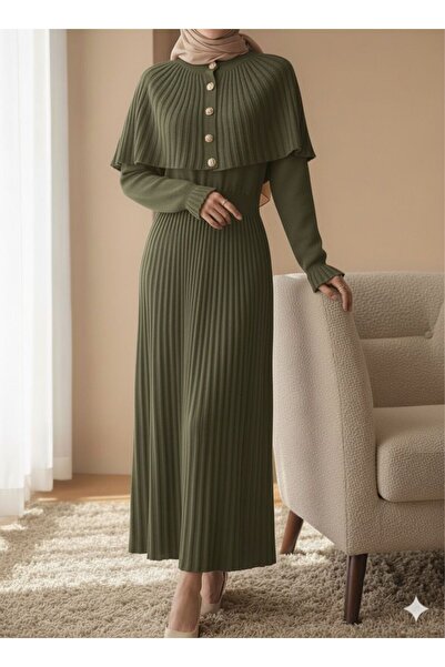 erk giyim Pelerin Detaylı Uzun Triko Elbise