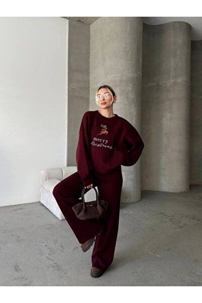 GİYSİ DÜNYASI 57 Triko Kumaş Deer Patterned Sweater and Pants 2-Piece Set