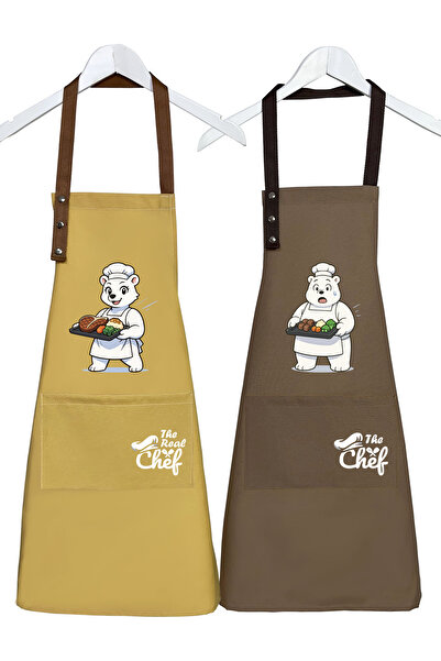 Hulganz Mutfak Önlüğü Seti 2'li Leke Tutmaz Su itici Kumaş Solmaz Baskı Şef Ayıcık Desenli Çift Önlük