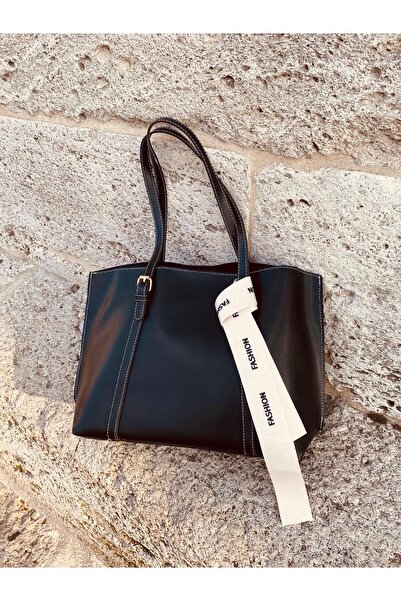 H&D COLLECTİON حقيبة يد نسائية سوداء متوسطة الحجم من الجلد الصناعي وسحاب للإغ...