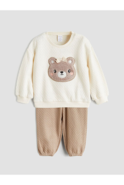 LC Waikiki Beige Animal Figured Baby Girl Sweatshirt and Pants