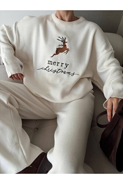 GİYSİ DÜNYASI 57 Triko Kumaş Deer Patterned Sweater and Pants 2-Piece Set