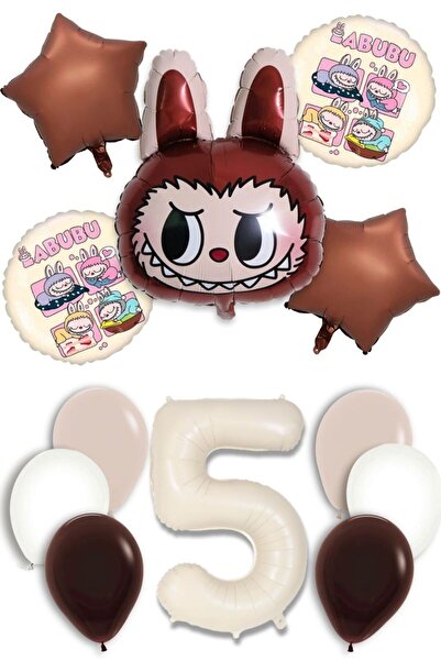 PARTİAVM Labubu Baby Abubu Brown Balloon Set – Helium Compatible, Star & Round Foil 5 Year Old Cream Number