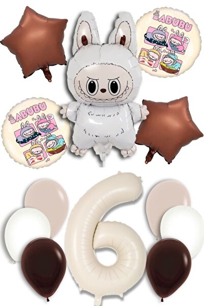 PARTİAVM Yaş Labubu Balloon Abubu Baby Birthday Set Cream Number Flying Ballo...