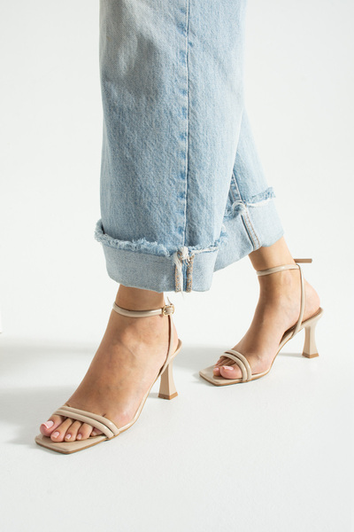 Cochines Women's Mendy Beige Nude Patent Leather Ankle Strap Thin Double Strap Heeled Sandals Shoes