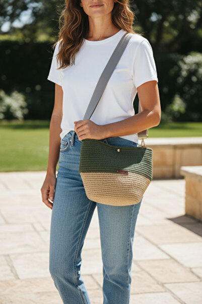 Butik Khaki Green Straw Adjustable Handle Crossbody Bag