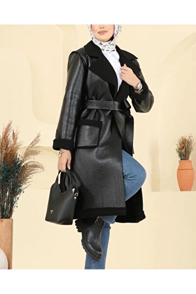 Modamorfo Beli Belted Double Pocket Fur Lined Leather Coat - Black