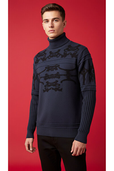 Digz fashion 100% Cotton Navy Blue High Neck Patterned Slim Fit Knitwear Sweater