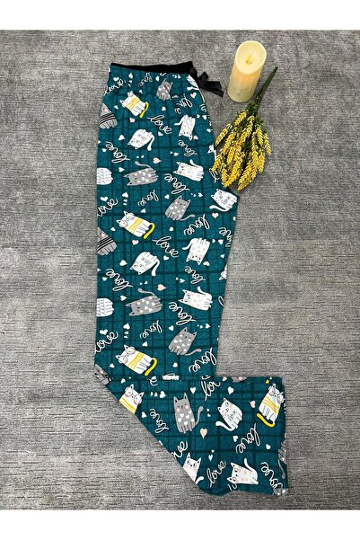 Butik Women's Turquoise Cat Patterned Pajama Bottoms