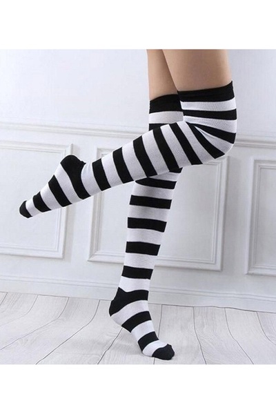 KOSTÜMCE Μαύρες και λευκές ριγέ κάλτσες πάνω από το γόνατο