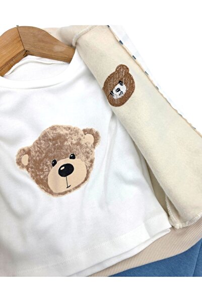 Ege Bebek Baby Boy Striped Teddy Bear Patterned, Winter 3-Layer Quilted Jacket and Bottoms, Thin Badili (Likely a Brand or Style Name), 6-24 Months 3-Piece Set