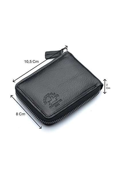 Westpolo Hakiki Deri Kağıt Para ve Bol Şeffaf Kart Bölmeli, Fermuarlı Unisex Kartlık - Siyah