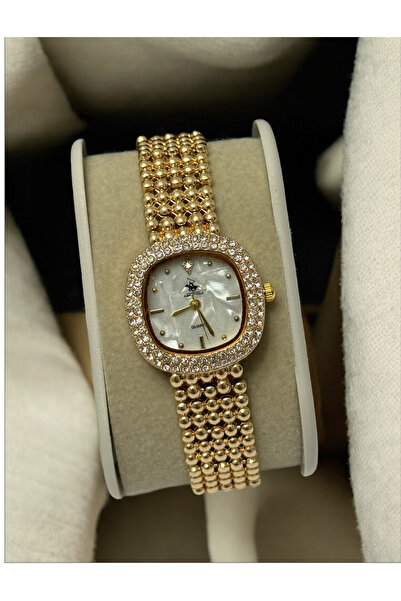 MAC CENTER ساعة يد نسائية بسوار فولاذي ذهبي اللون موديل دائري مرصع بالحجارة - هدية - عيد الحب - موديل أنيق