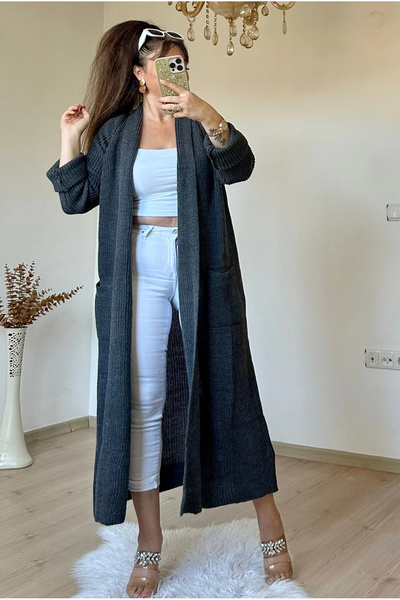 AZRA BUTİK Довгий пухнастий кардиган, димчасто-сірий