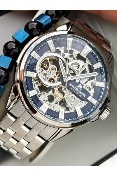 Navimarine Automatic (Battery-Free) Men's Watch, Silver Steel Band. 2 Years Warranty, Navy Blue Dial with Bracelet Gift