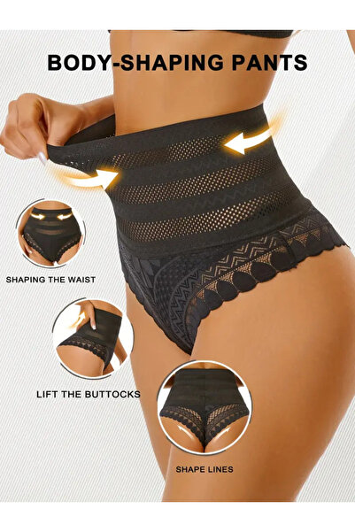 NADIA Chiloti Modelatori Cu Dantela, Model Tanga, Culoare Negru, Marimea M