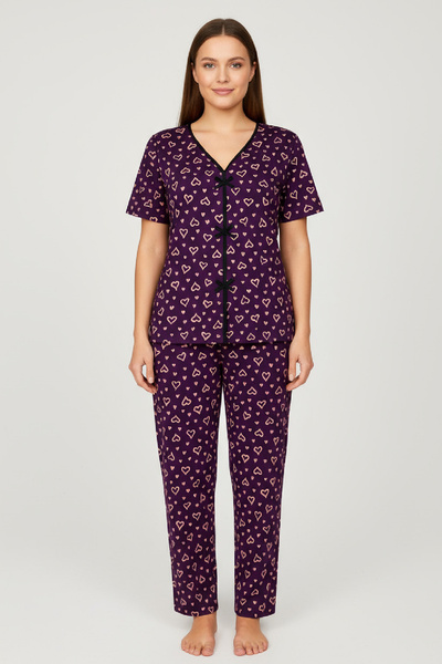 babatr.com Women's Purple Heart Pattern Bow Short Sleeve Long Pajama Set