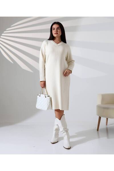 GİYSİ DÜNYASI 57 TRİKO KUMAŞ V YAKA MZUN KOLLU MİDİ BOY ELBİSE