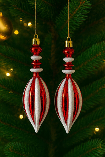 Huzur Party Store Damla Form Christmas Pine Tree Ornament 2 Pieces 14 cm Glittery Red and White Striped Shiny New Year Decorative