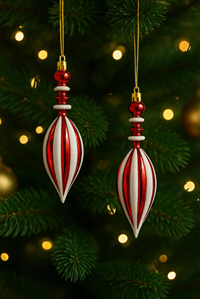 Huzur Party Store Damla Form Christmas Pine Tree Ornament 2 Pieces 14 cm Glittery Red and White Striped Shiny New Year Decorative